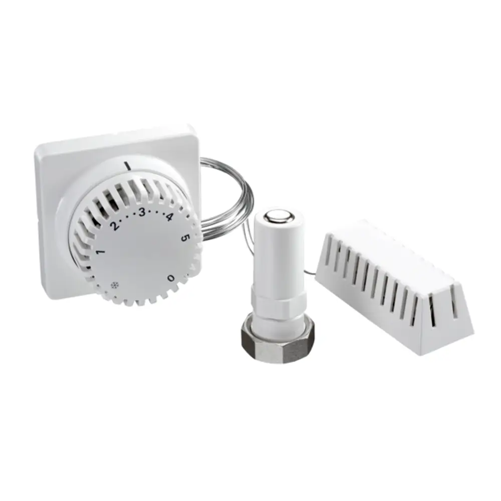 Thermostat von Oventrop mit Drehregler, einem externen Fühler und Verbindungsstücken. Weißes Design, geeignet für die Temperaturregelung in Heizsystemen.